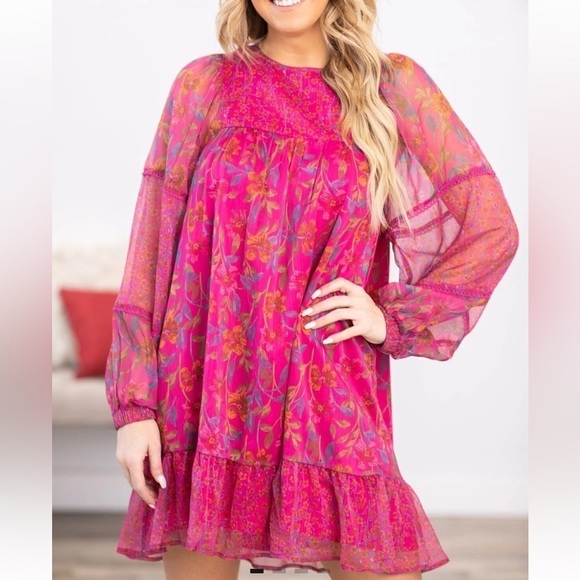 Hailey & Co Women's Hot Pink Floral Long Sleeve Dress Size Small - Picture 1 of 9